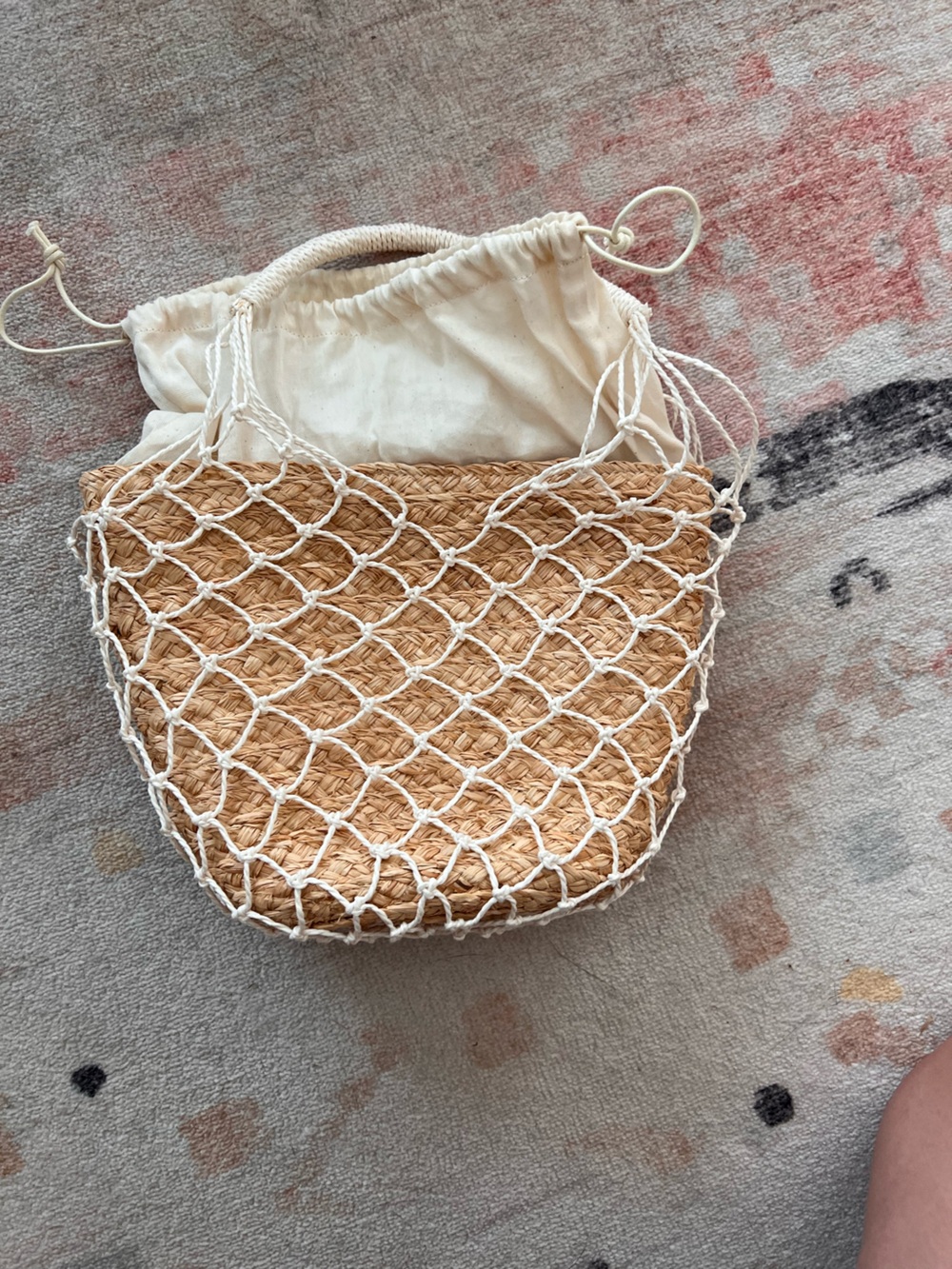 J. Crew Natural Straw Tote with White Macramé Overlay